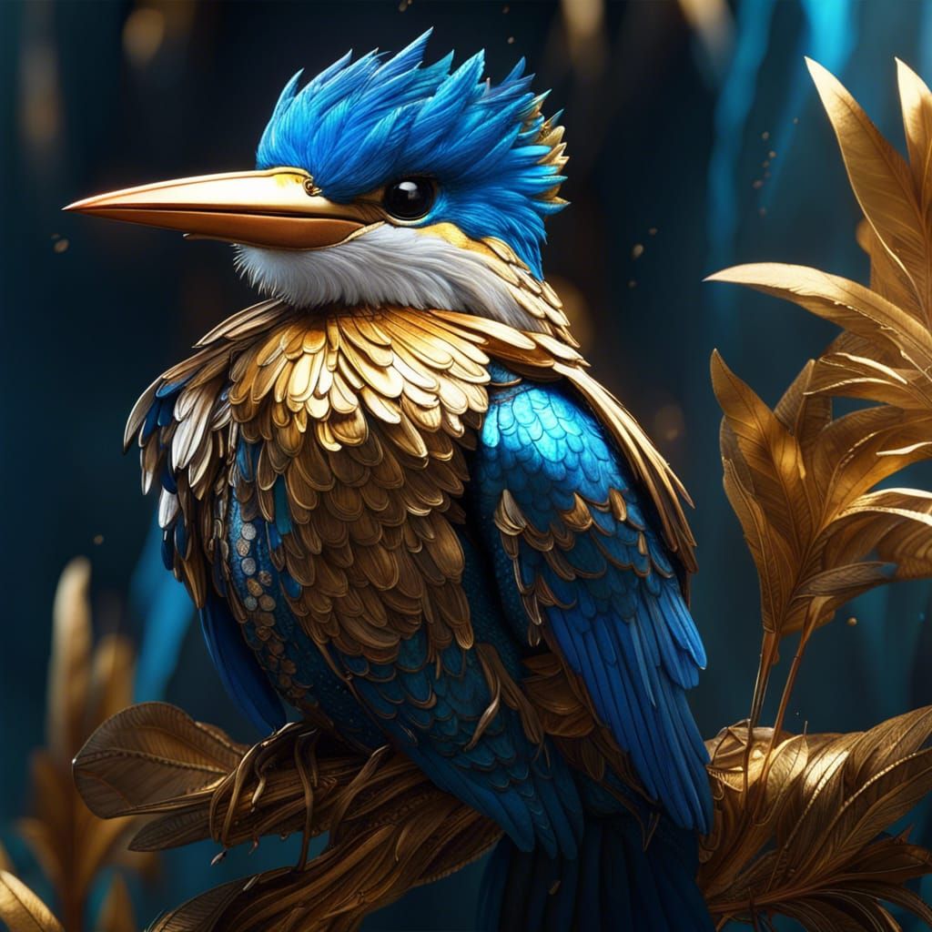Golden Kingfisher with Blue Eyes: Detailed Digital Painting