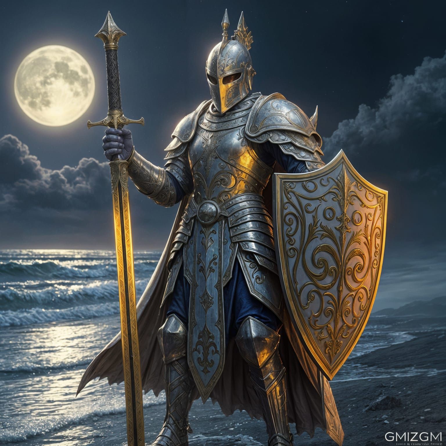 Cyberpunk Knight in Shimmering Armor Stands on Beach at Nigh...