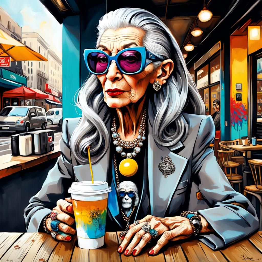 Stylish Woman in Cafe, Graffiti Art Style