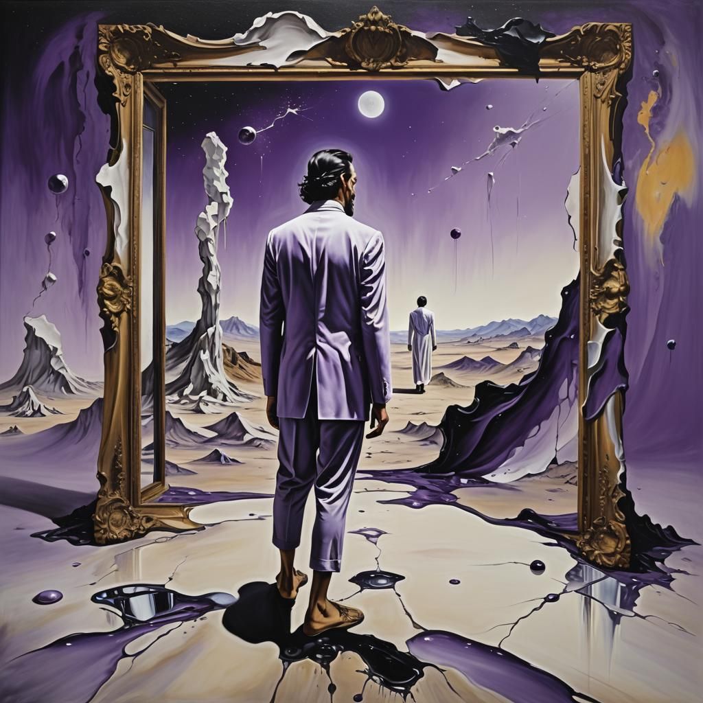 Surreal Cosmic Reflection in a Melting Oil Canvas