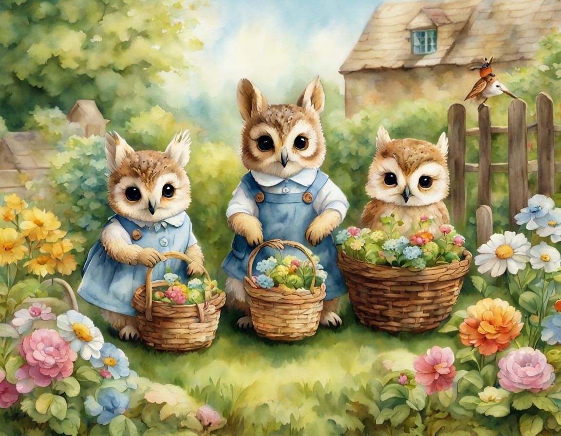 Charming Owlets Garden Scene in Beatrix Potter Style