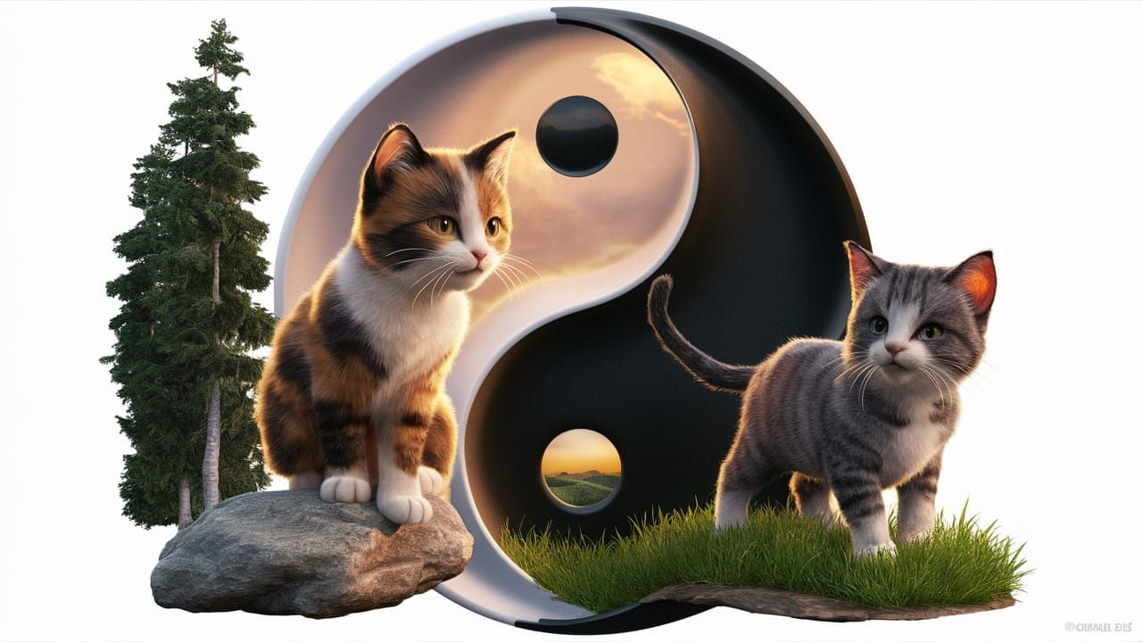 Enchanting Anime Yin Yang Cats in Serene Sunset Landscape