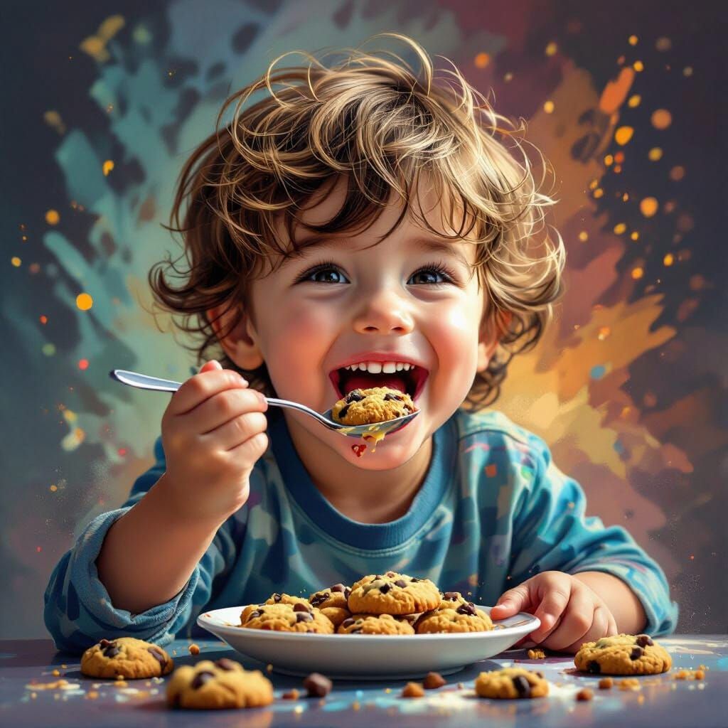 Child Eating Cookies Off Spoon in Splash Art Style
