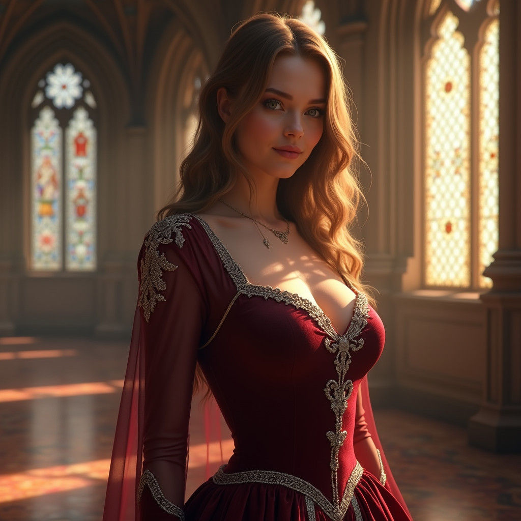 Elegant Noblewoman in Crimson Velvet Gown