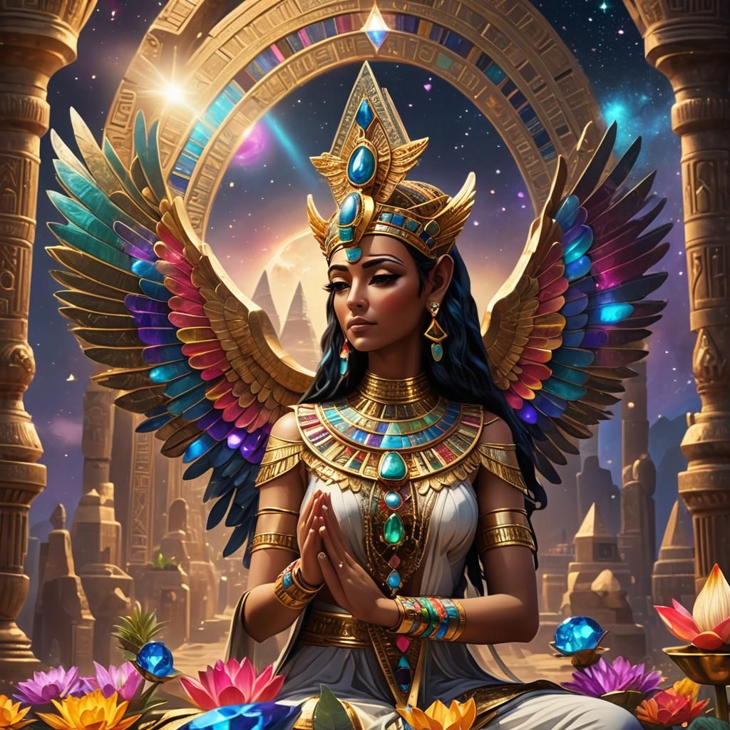 Winged Egyptian Goddess Praying in a Colorful Landscape