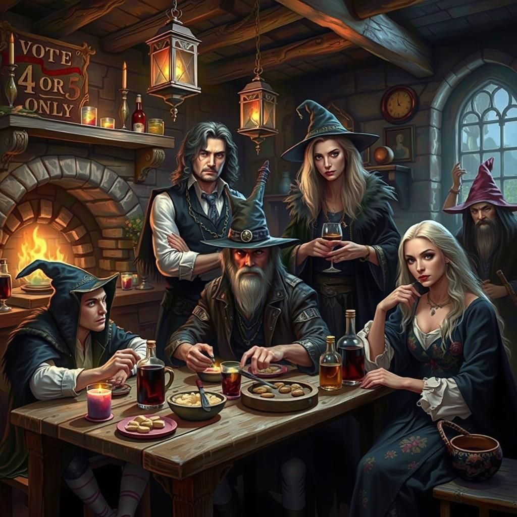 Medieval Tavern Scene with Witches and Wolf Shifters