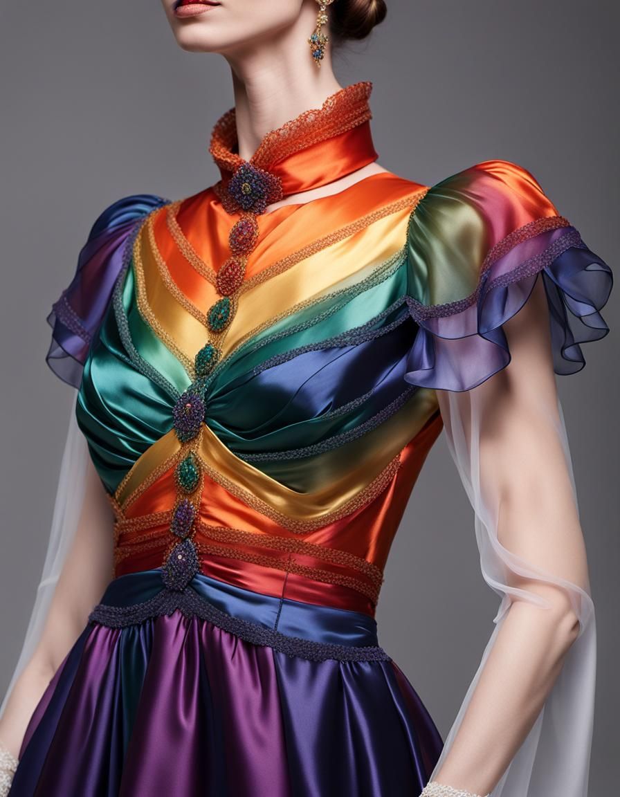 Rainbow Satin Gown with Flowing Sleeves