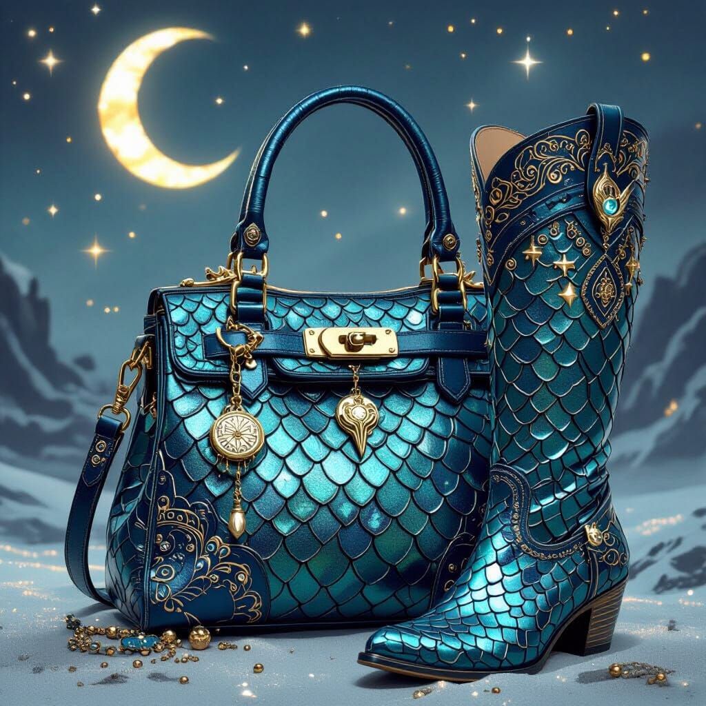 Iridescent Dragon Scale Boots and Handbag as Digital Art