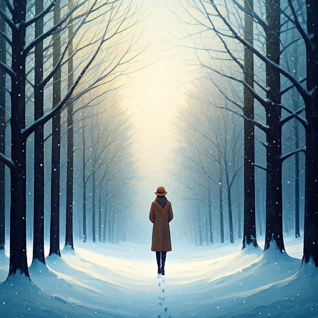 Woman Walks Through Snowy Forest in Soft Light