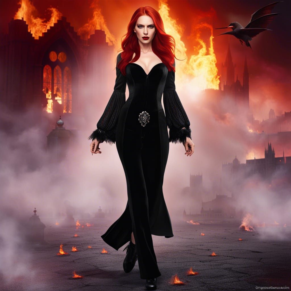 Gothic Vampire Walks Through Burning City, Photorealistic