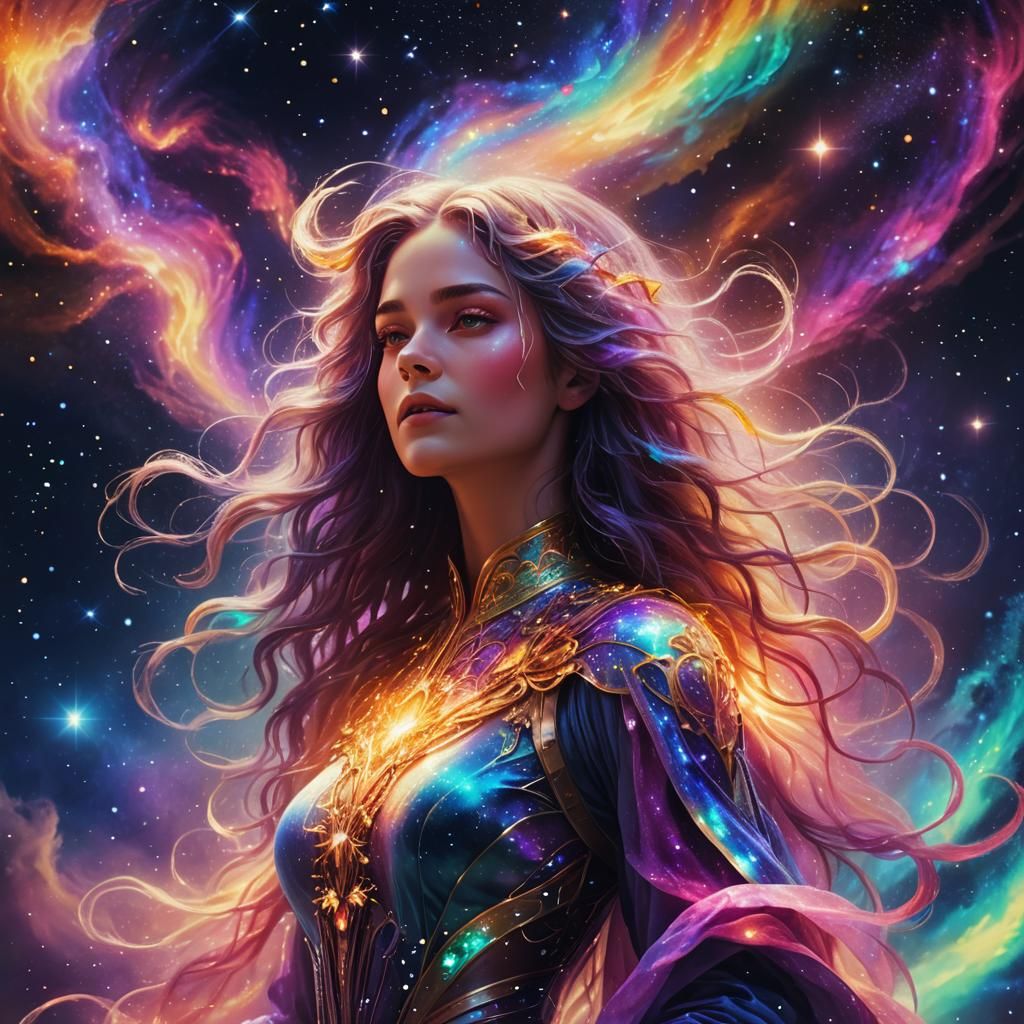 Regal Woman Floating in Cosmic Stardust: Visionary Art