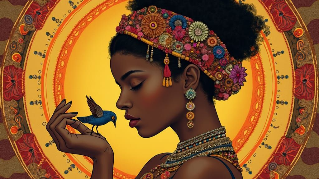 Elegant Woman with Bird: Art Nouveau Portrait