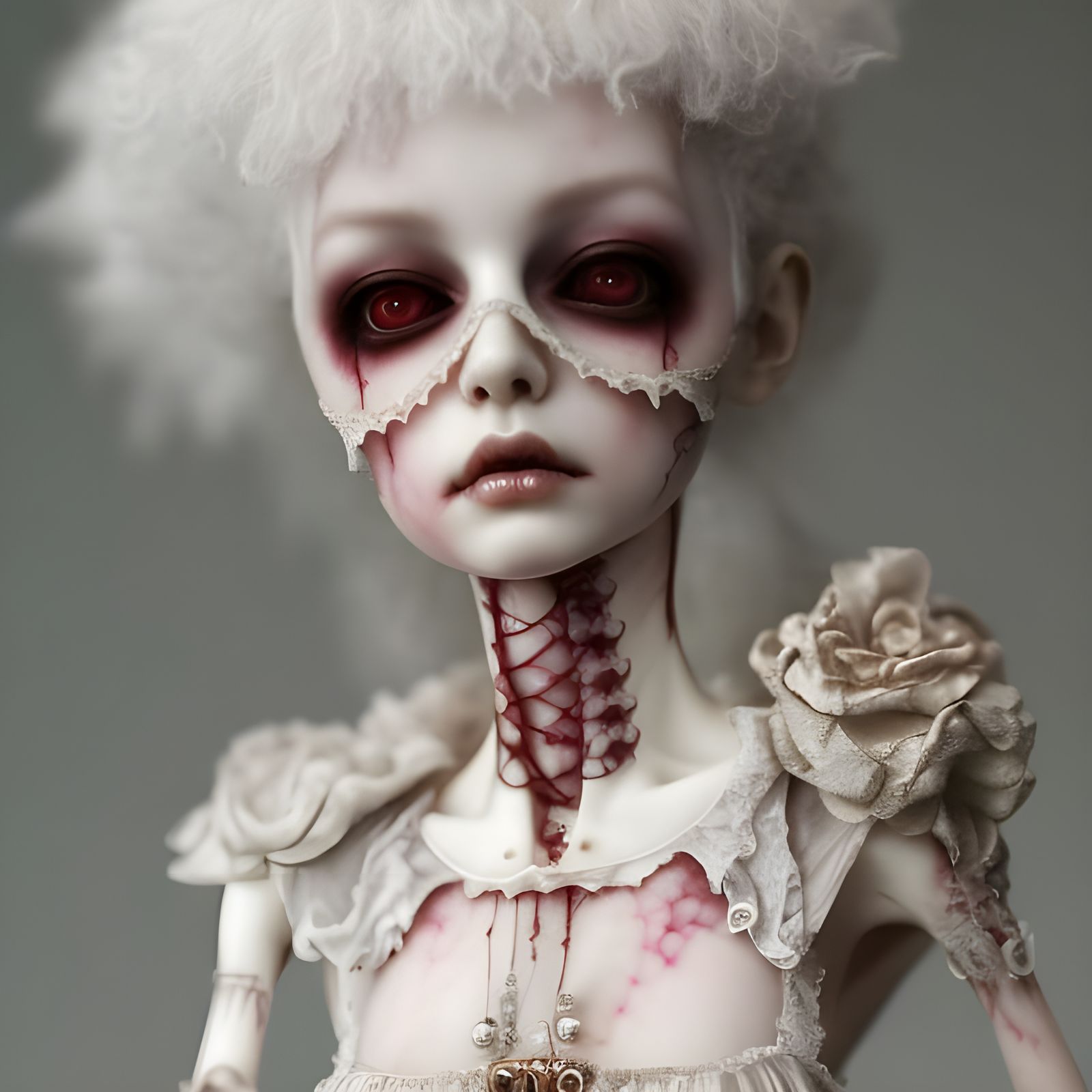 Bloody Porcelain Doll with Exoskeleton in Surreal Style