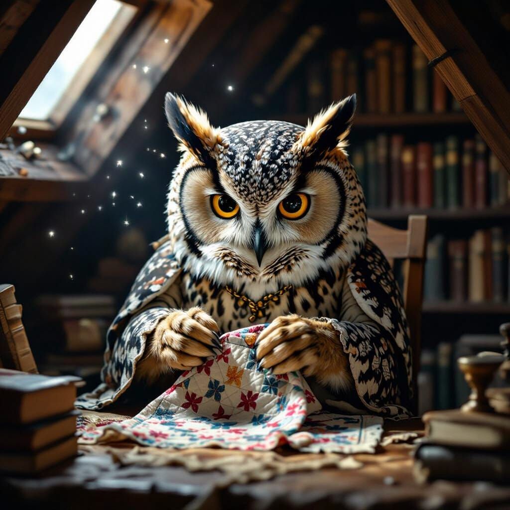 Wise Owl Crafts Intricate Quilt in Moonlit Attic
