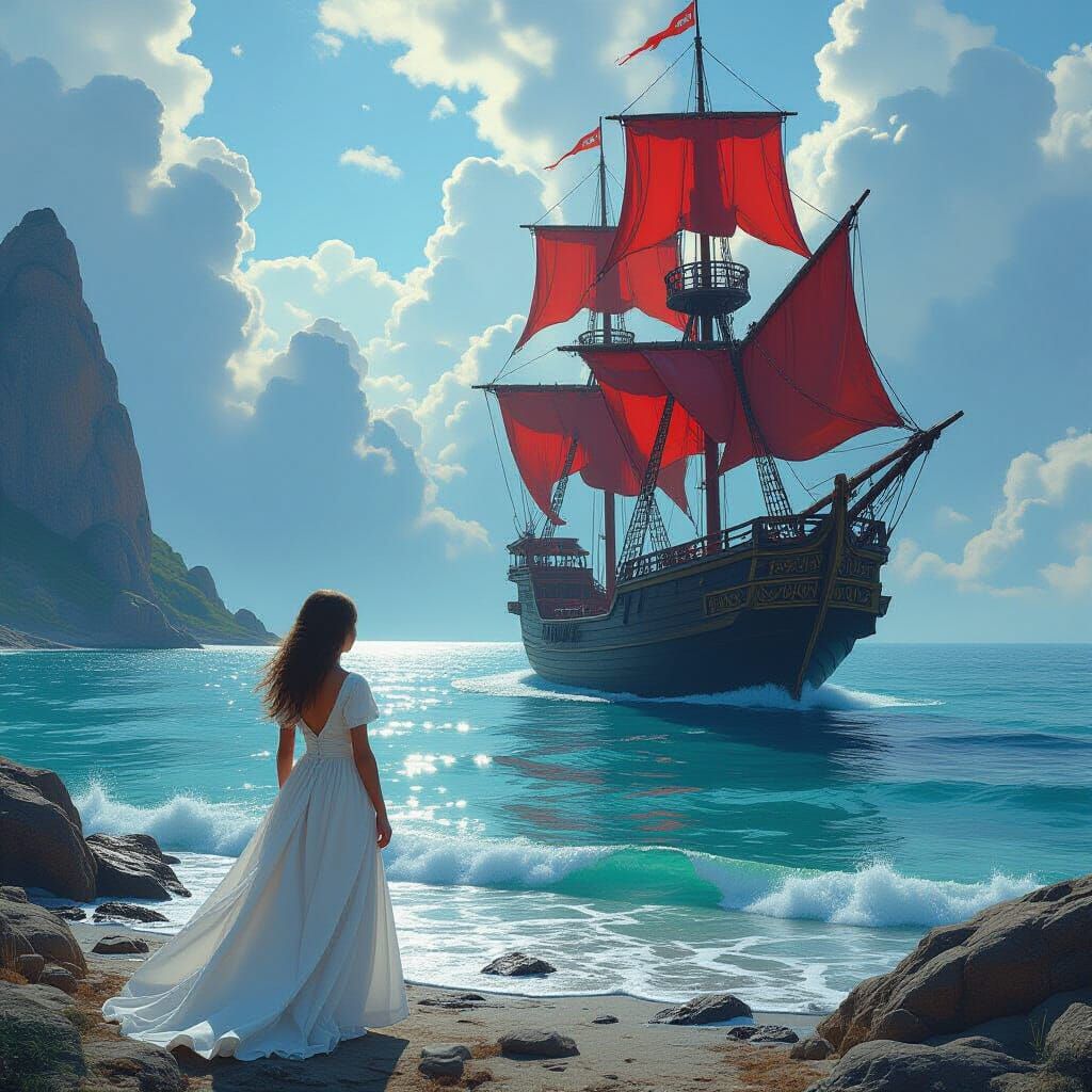 Girl Watching Scarlet Sails Ship: Matte Painting Style