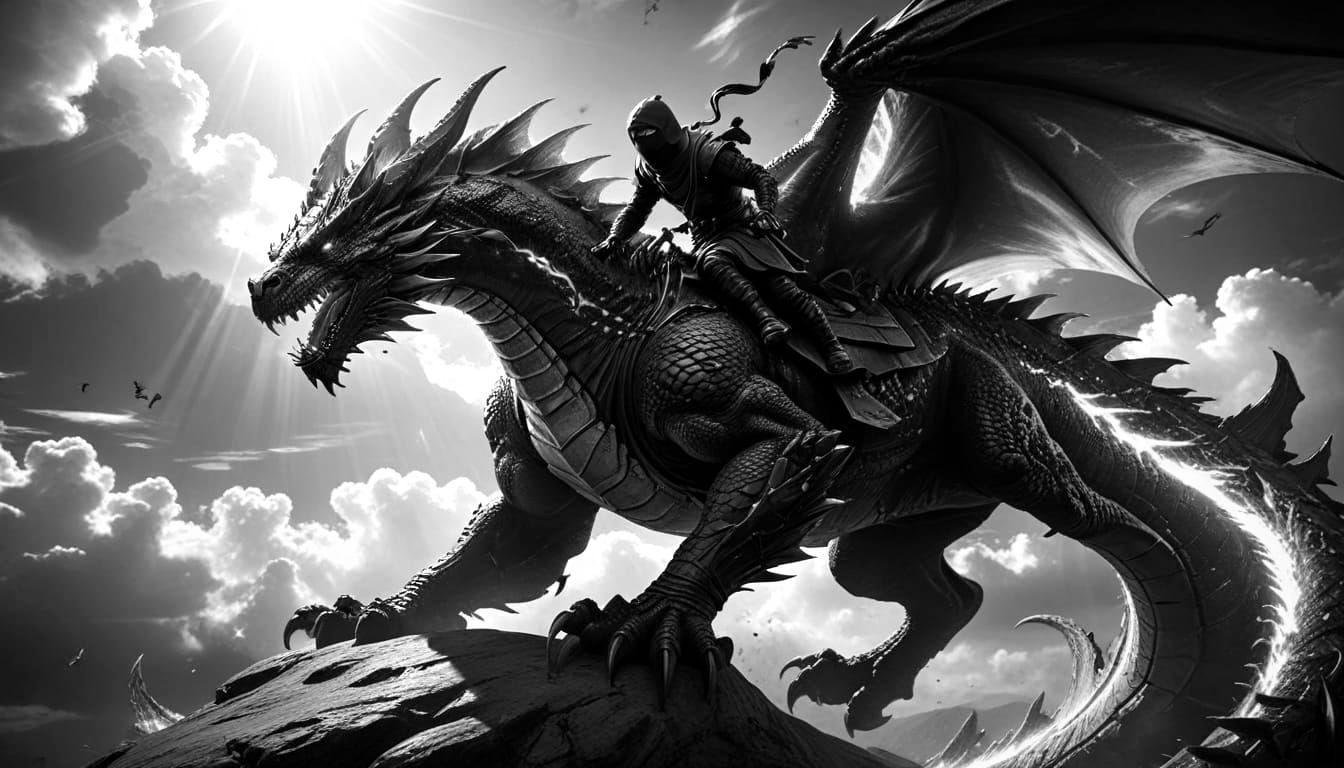 Ninja Riding a Dragon in Divine Fantasy Art