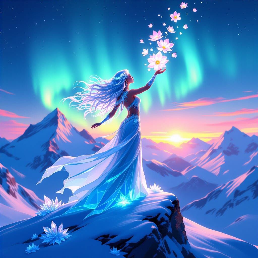 Mountain Spirit with Ice Hair Releases Flowers Under Aurora