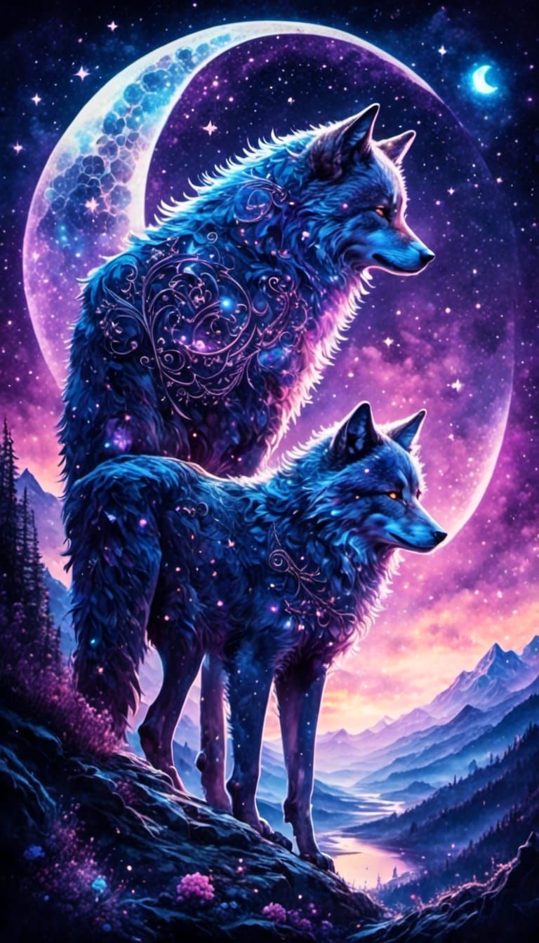 twin wolf loves under a full moon, phone wallpaper challenge