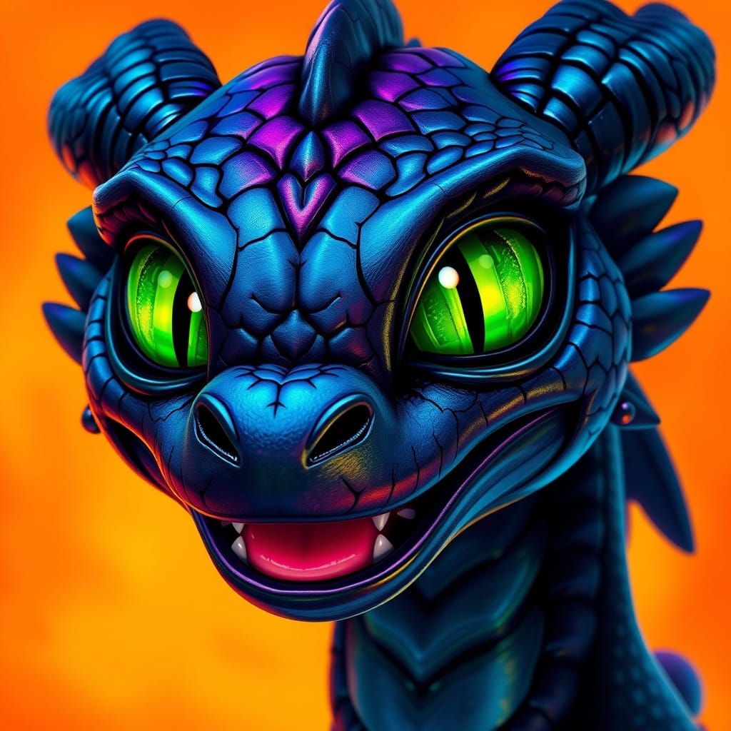 Cute Black Dragon with Iridescent Scales in Golden Orange Ba...