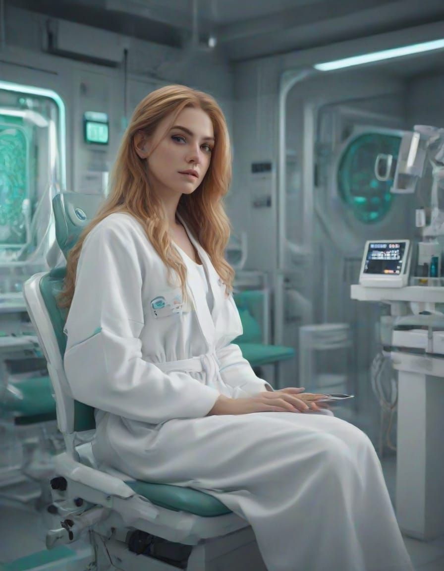 Futuristic Female Patient in a White Health Center