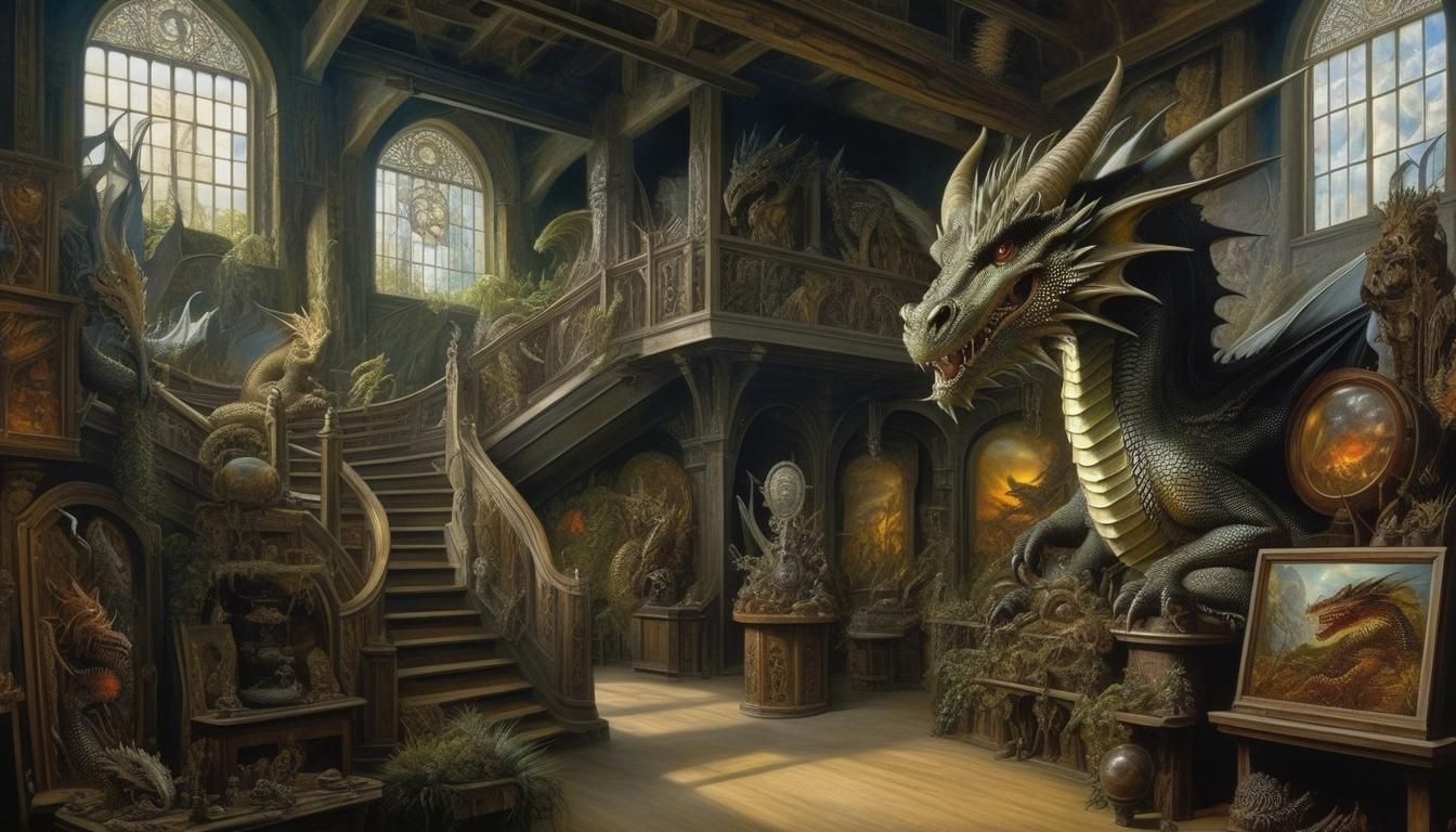 Dragons at Cryptid Museum: Detailed Surreal Painting