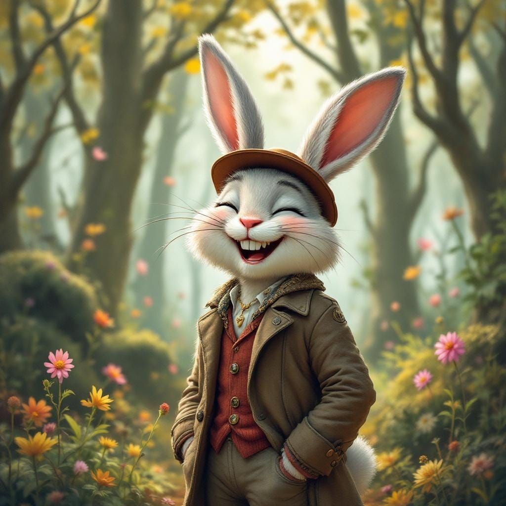 Laughing Bunny Man in Whimsical Forest