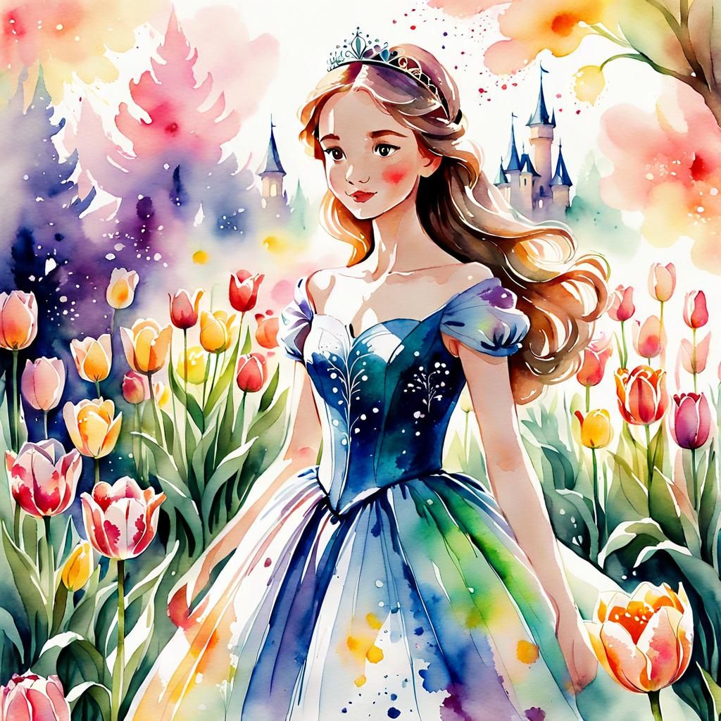 Princess in Tulip Gown: Whimsical Watercolor Art