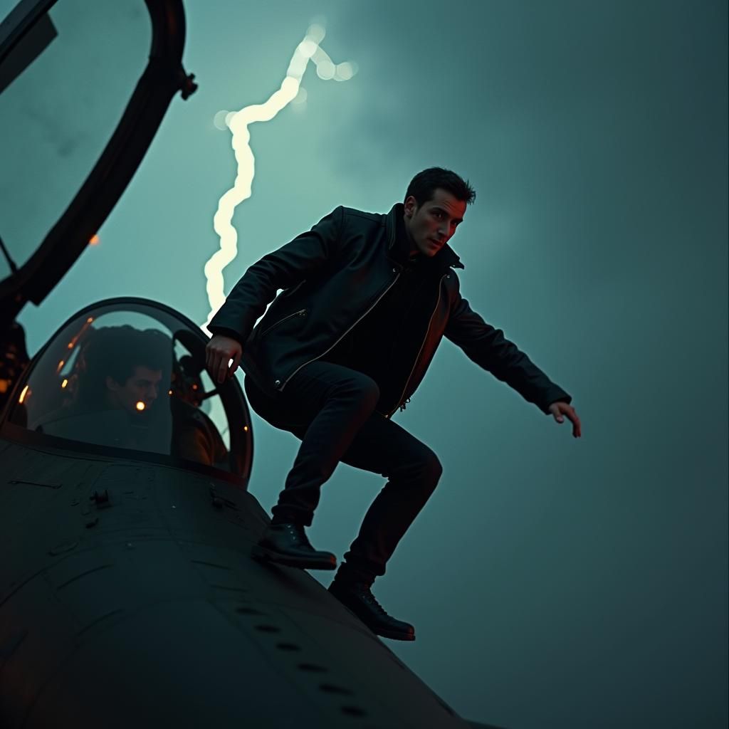Dramatic Film Still: Man Leaping from Fighter Jet