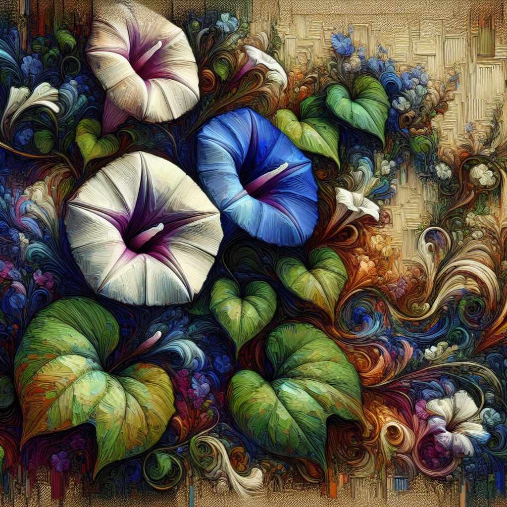 Morning Glories in Heavy Impasto Oil Painting Style