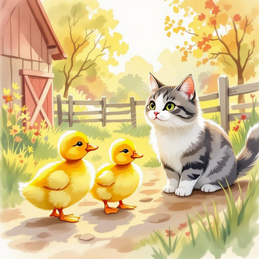 Ducklings Follow a Cat in Whimsical Watercolor Style