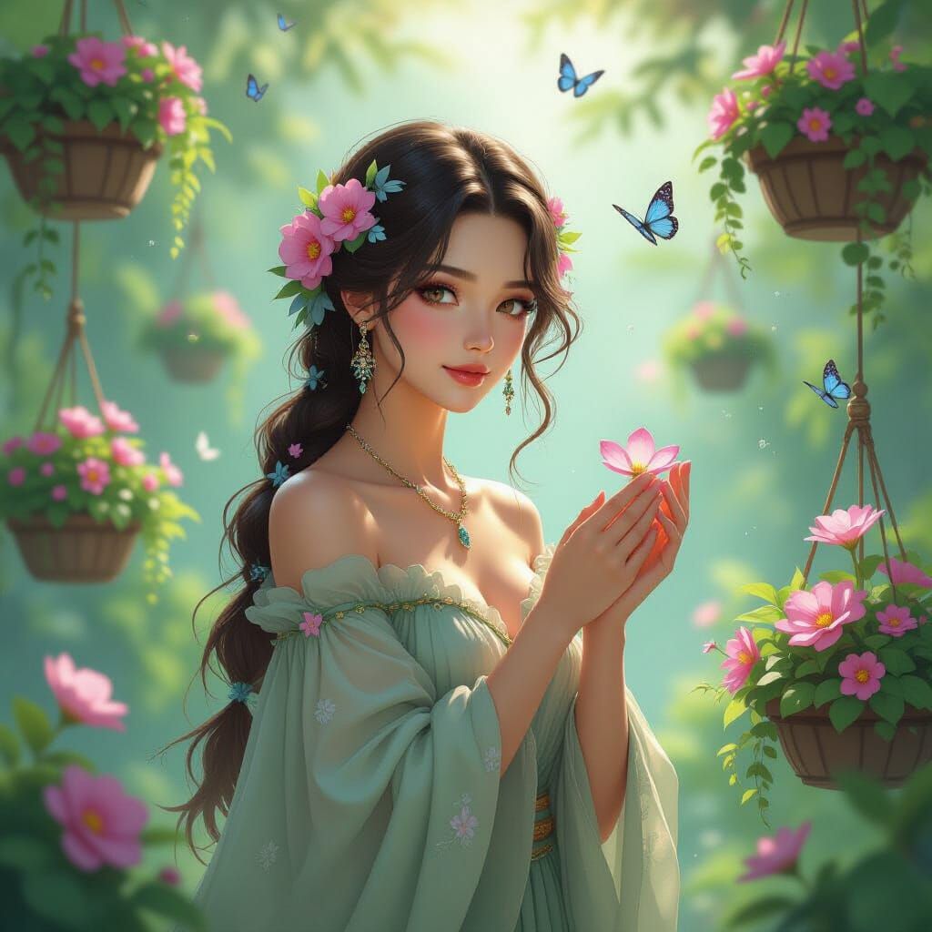 Celestial Gardener with Flower Hair, in Art Nouveau Style