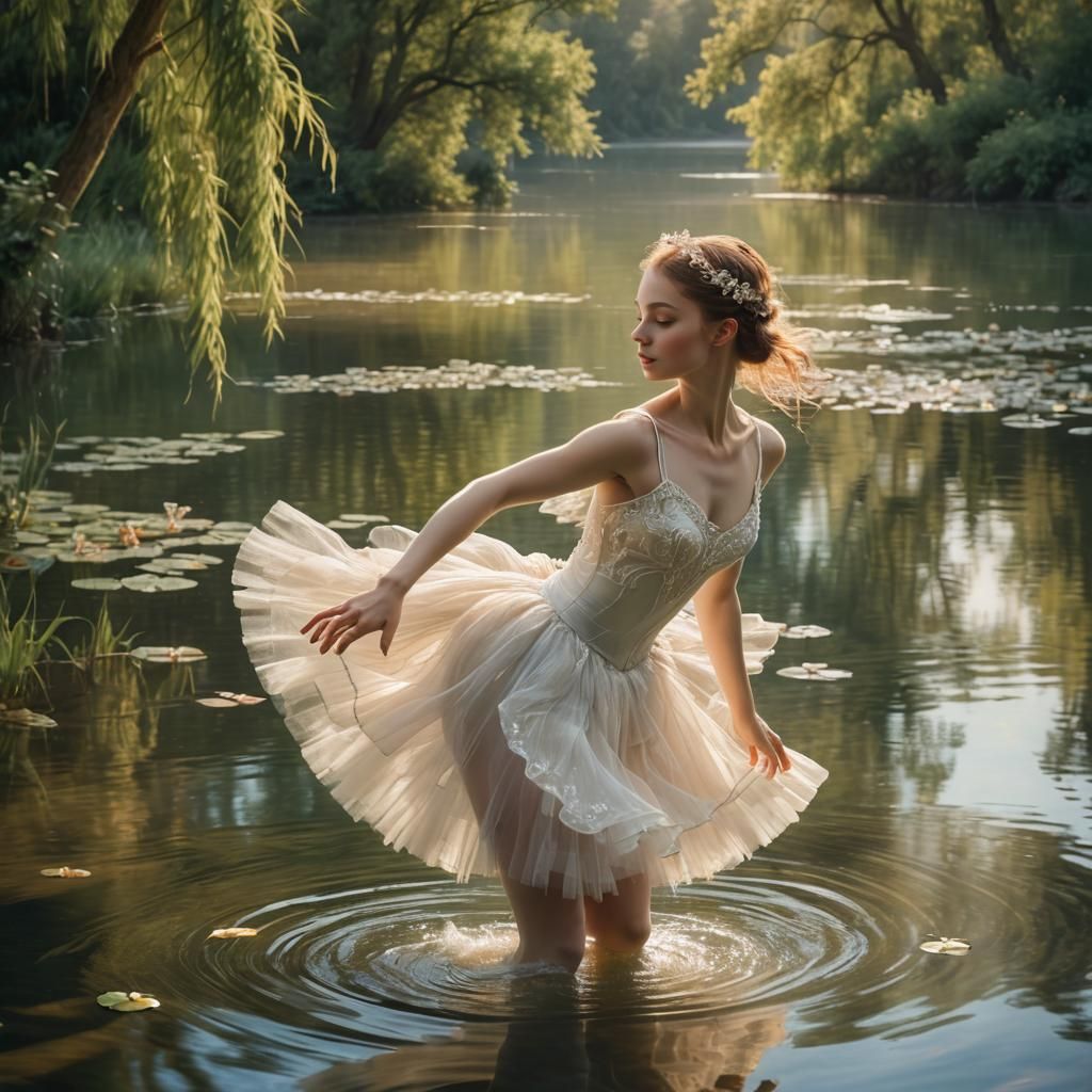 Ballerina Dances on Lake: Pre-Raphaelite Style