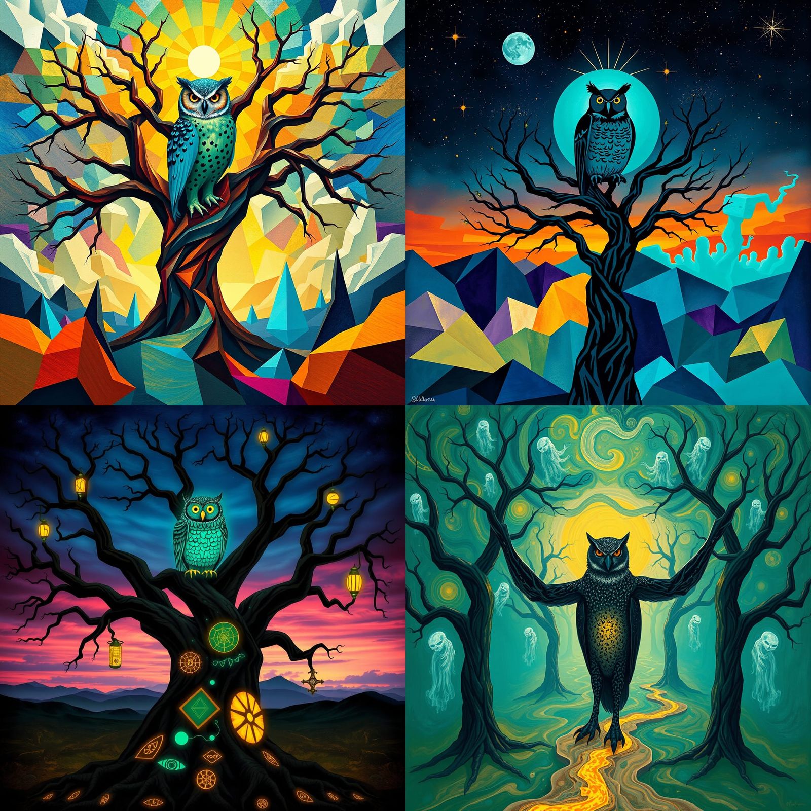 The Black Teal Leopard Owl of Six-Armed Trees of Time in Abs...