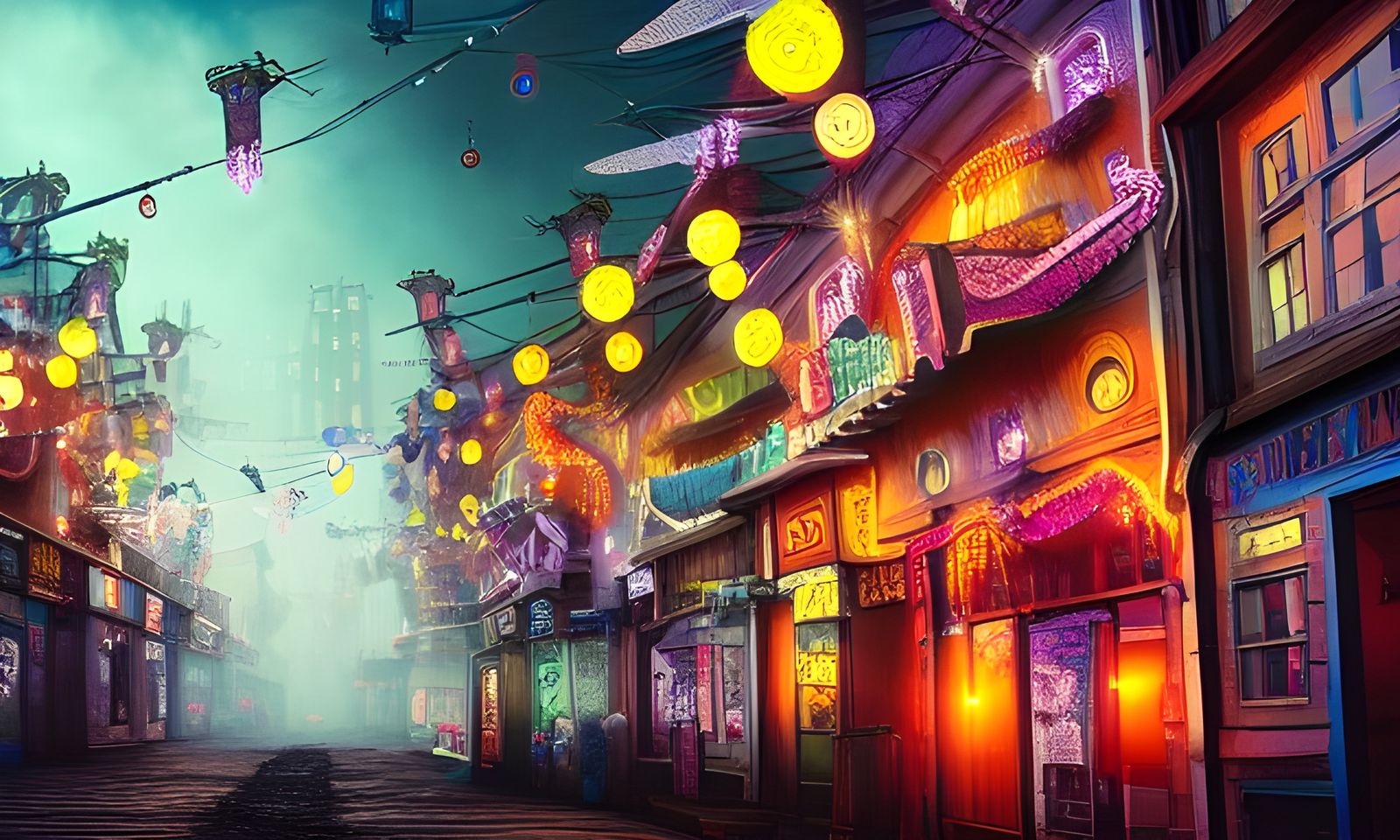 Magical Floating Carnival Street in Biopunk Horror Style