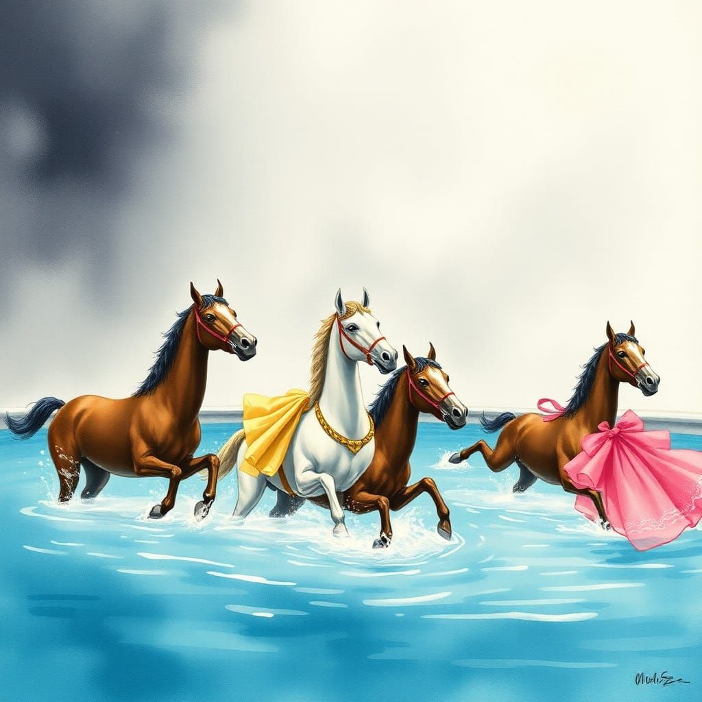 Victorian Fashion Show with Swimming Horseshoes in Watercolo...