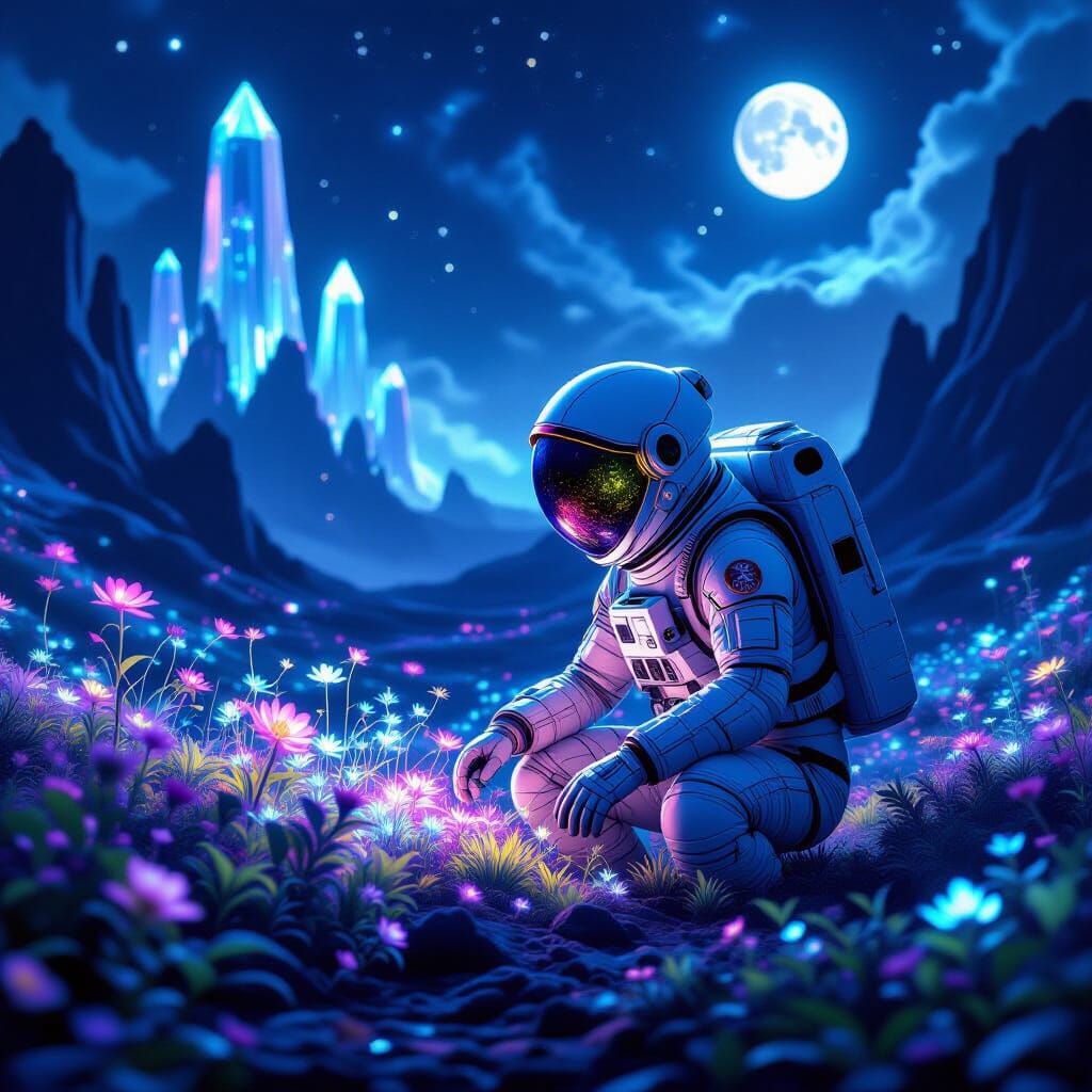 Astronaut Tends Alien Bioluminescent Garden