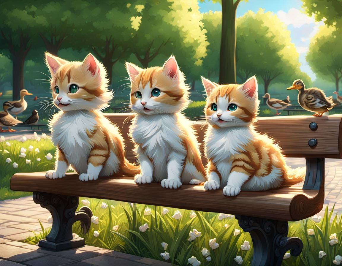 Kittens Feeding Ducks: 3D Anime Art