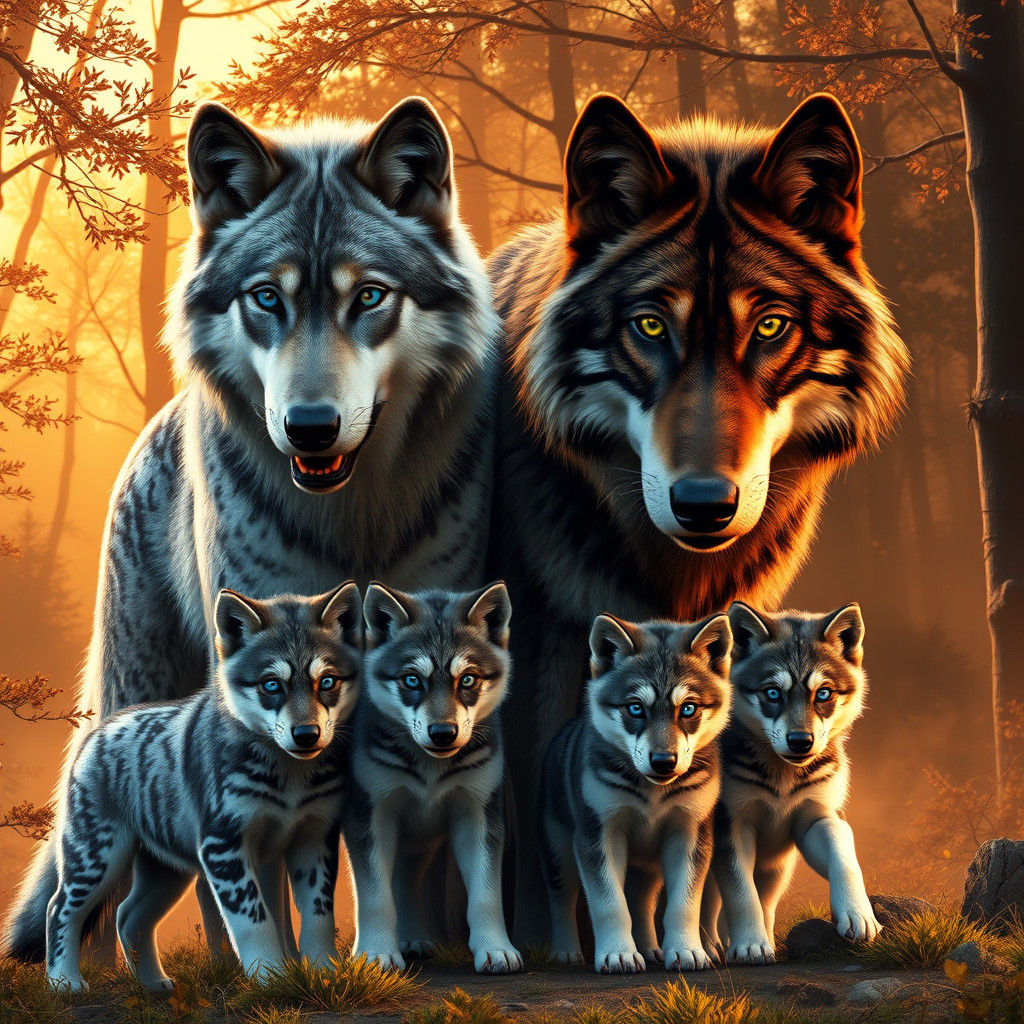 Wolf Family Portrait in Sunset Forest