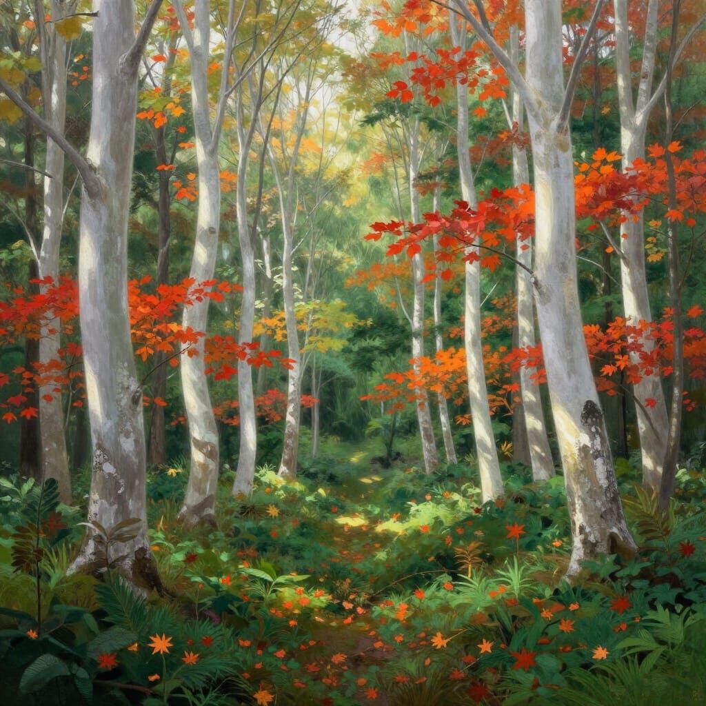 Vibrant Autumn Forest with White Trees and Dappled Sunlight