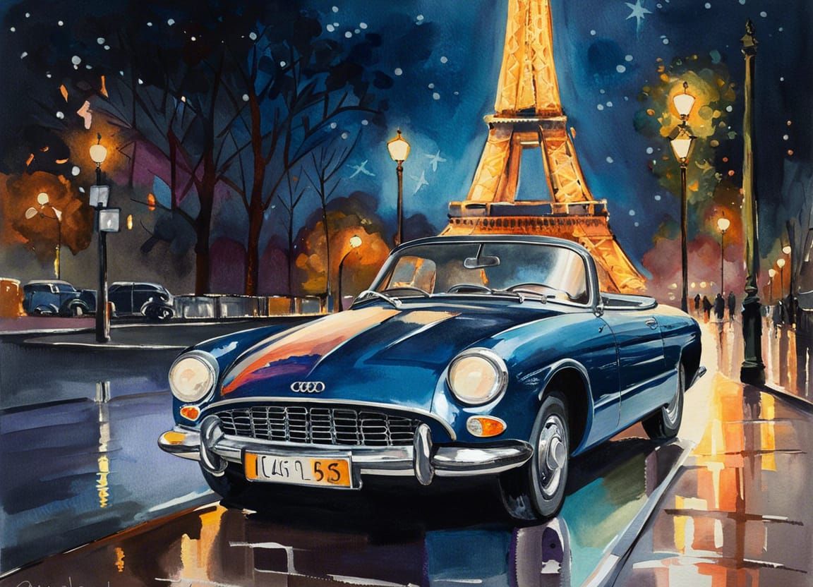 Audi by Eiffel Tower: Gouache Impressionist Masterpiece