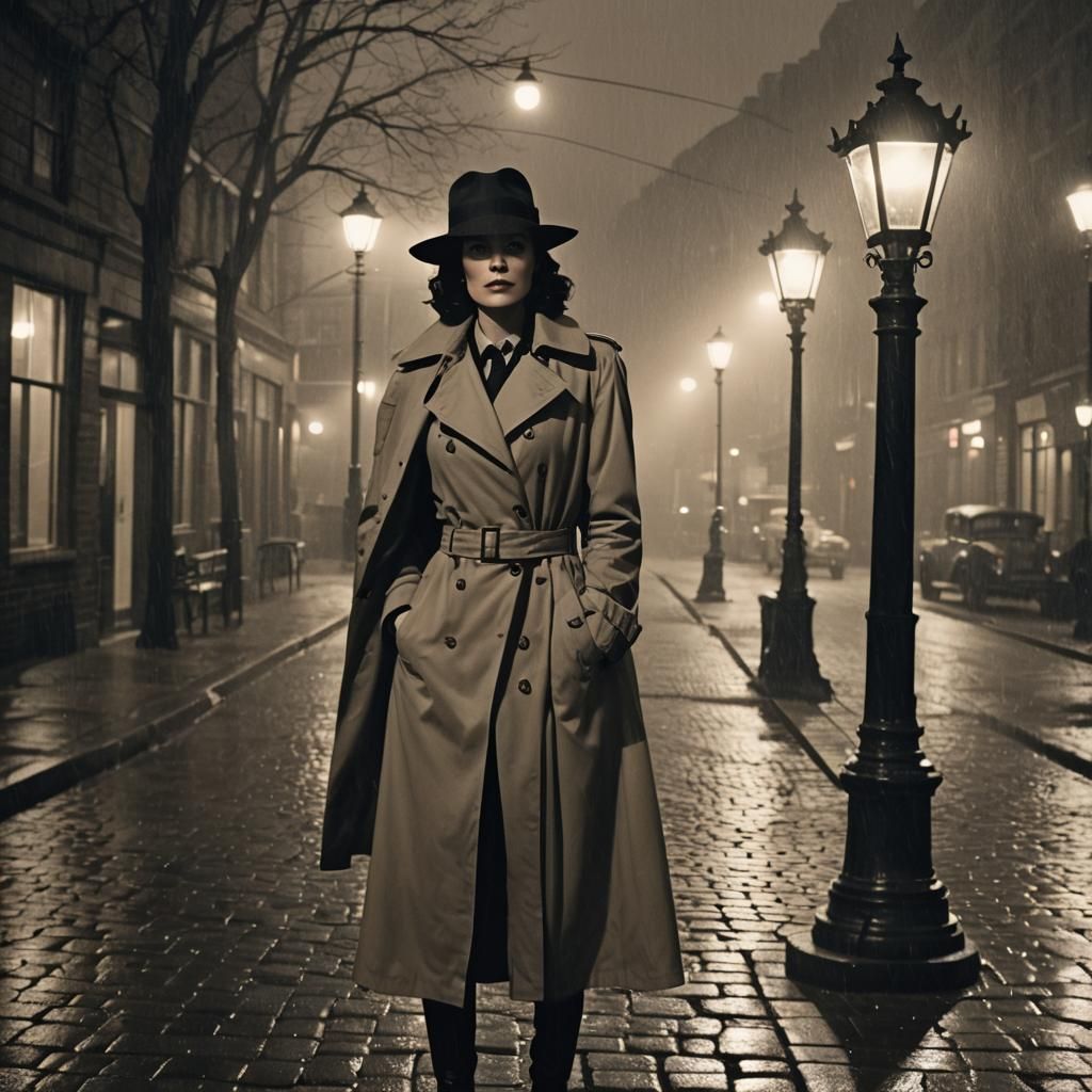 Film Noir Image of Figure in Fedora Leaning on Lamppost