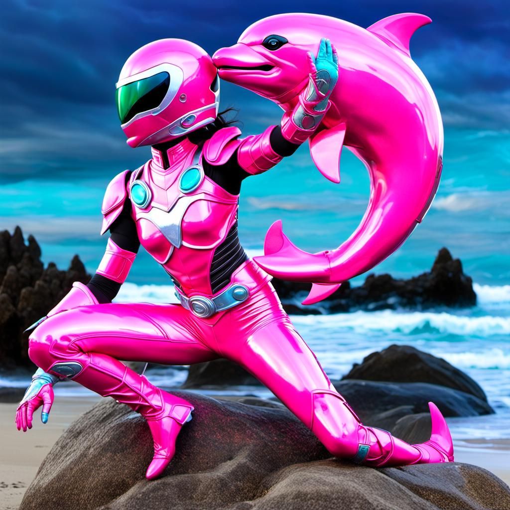 Dolphin-Themed Pink Power Ranger on the Beach