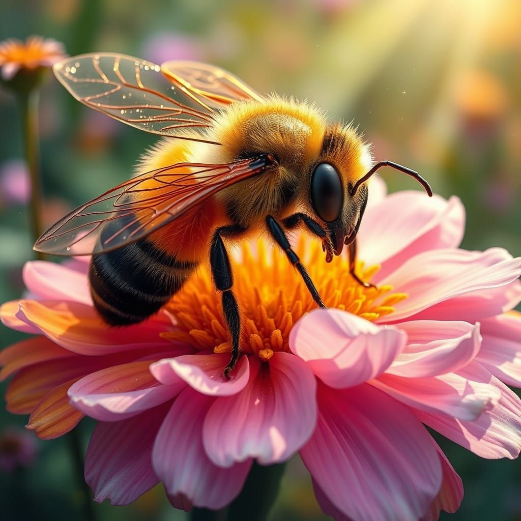 Gilded Bee on Vibrant Floral Bloom in Sunlit Garden