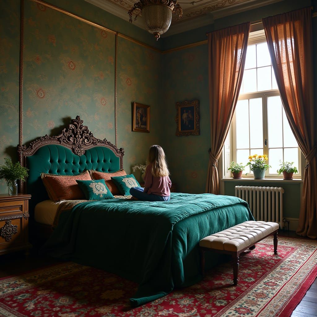 Luxurious Hogwarts-Inspired Bedroom with Emerald Velvet Bedd...