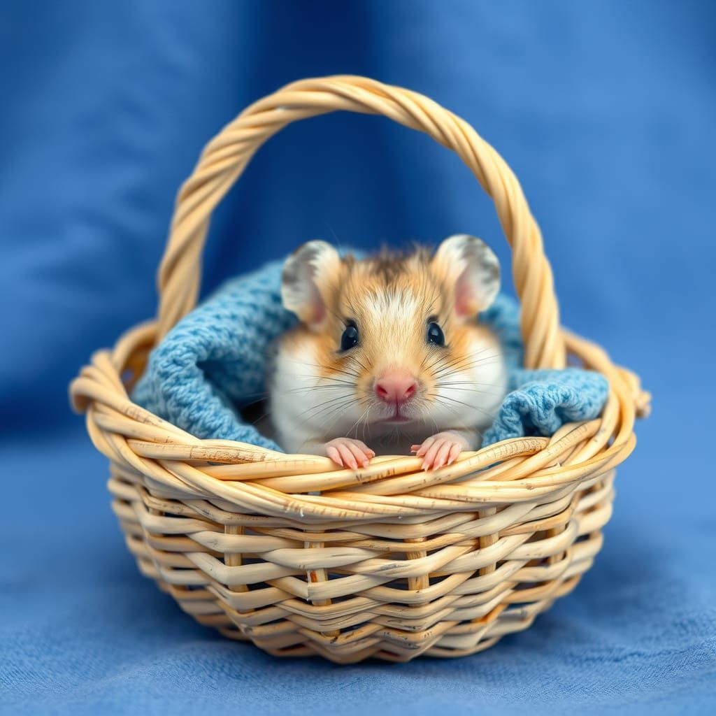 Hamster Snuggled in Basket with Blue Quilt