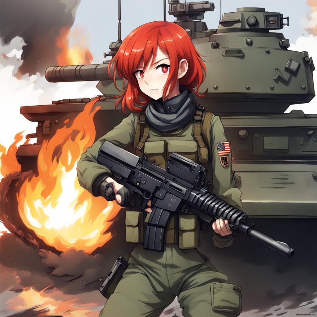 Anime Girl in War Zone with Red Hair