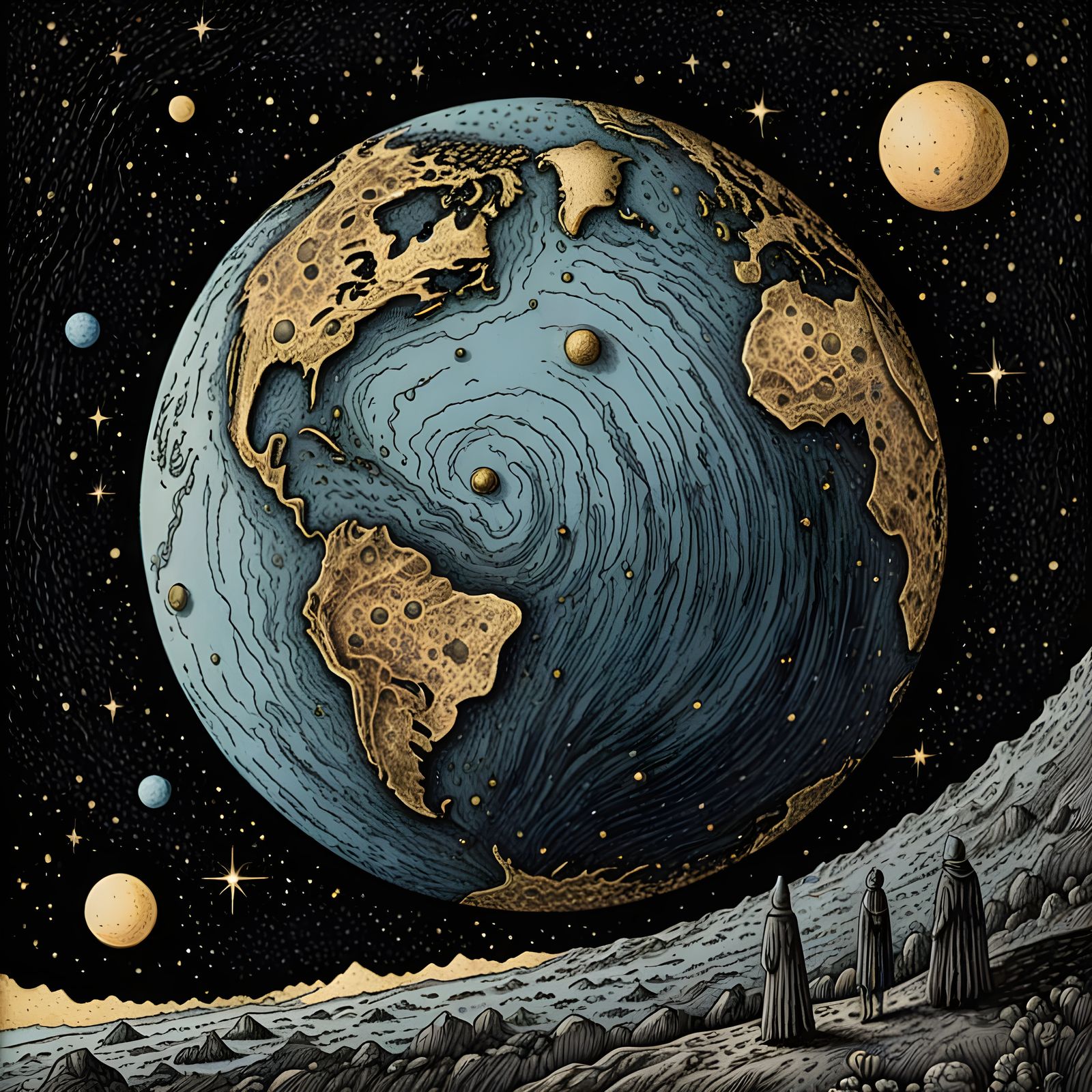 Earth in Space: Edward Gorey Style Cosmic Illustration