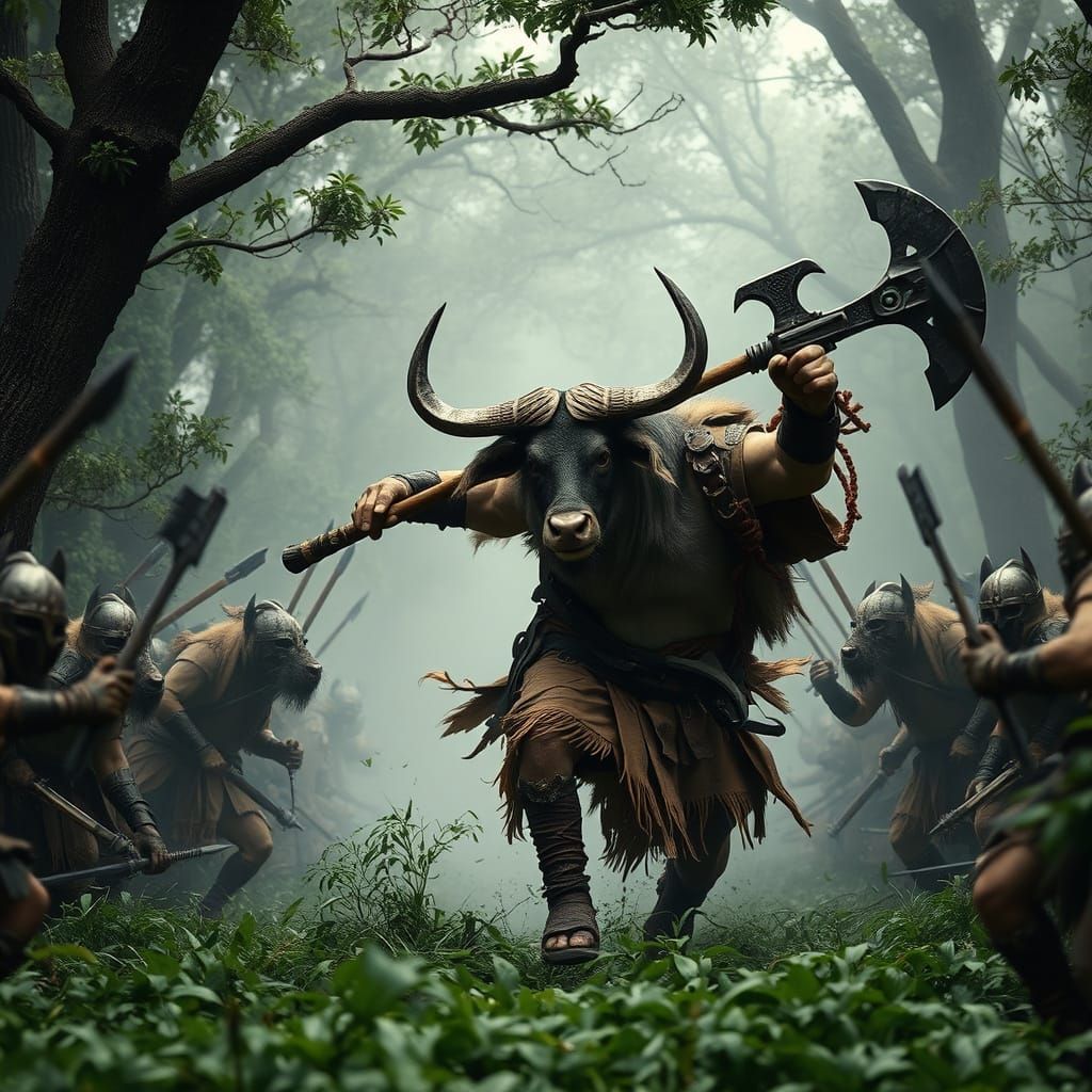Minotaur Battle in Misty Forest: Hyperrealistic Cinematic Sc...