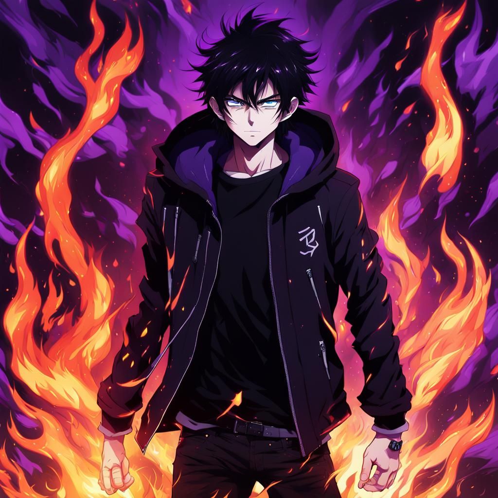 Depressed Anime Male with Purple Energy in Flames