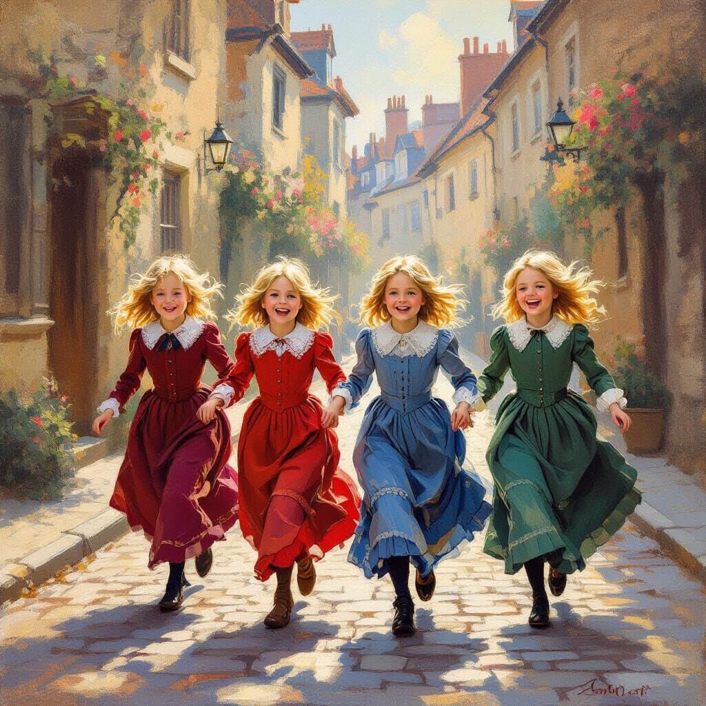 Victorian Girls Laughing Down Cobblestone Street in Impressi...